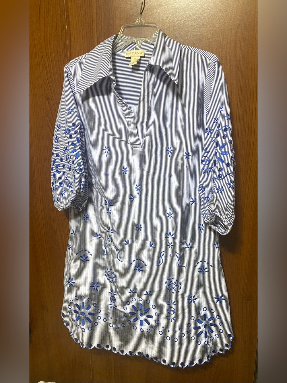 Cynthia Rowley Blue and White Striped Embroidered Cotton Tunic Dress Size Small